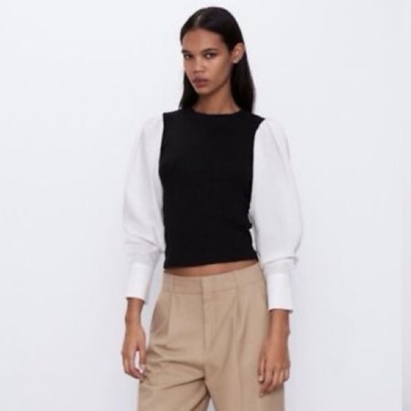 ZARA Contrast Black and White Balloon Puff Sleeve Blouse Top Shirt Cinch Coastal - Picture 2 of 10